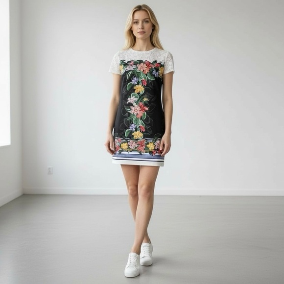 Desigual Black with Multi Color Tropical Print Short Sleeve Sheath T-Shirt Dress - Picture 3 of 8